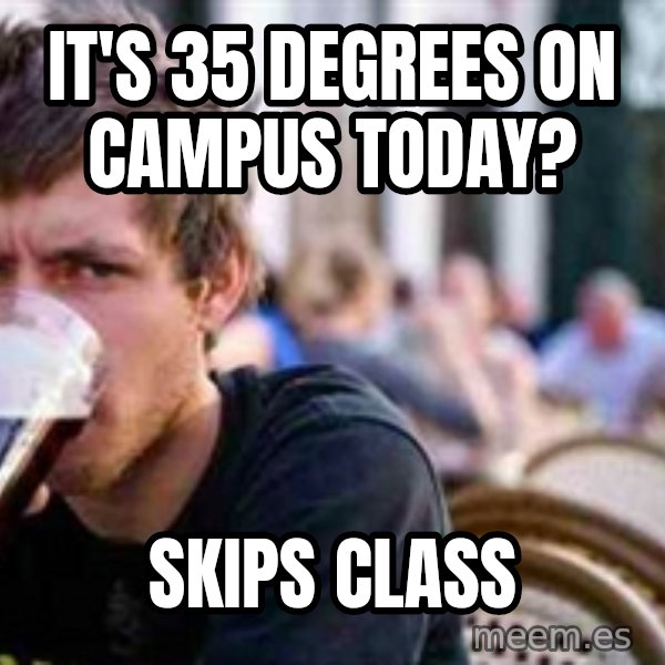 The Lazy College Senior meme: it's 35 degrees on campus today? / skips class