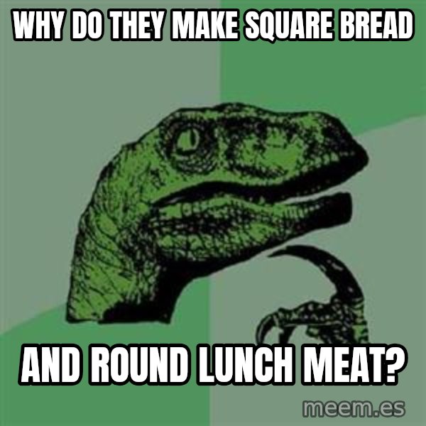 Philosoraptor meme: Why do they make SQuare bread / And round lunch meat?