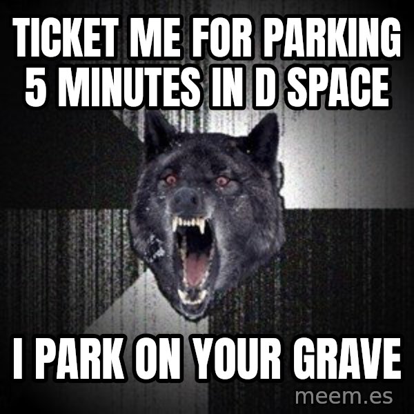 Insanity Wolf meme: Ticket Me for parking 5 minutes in D space / i park on your grave
