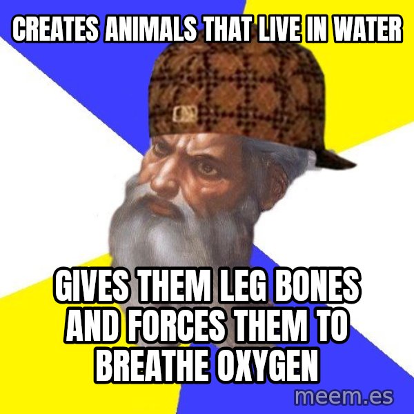 Scumbag God meme: creates animals that live in water / gives them leg bones and forces them to breathe oxygen