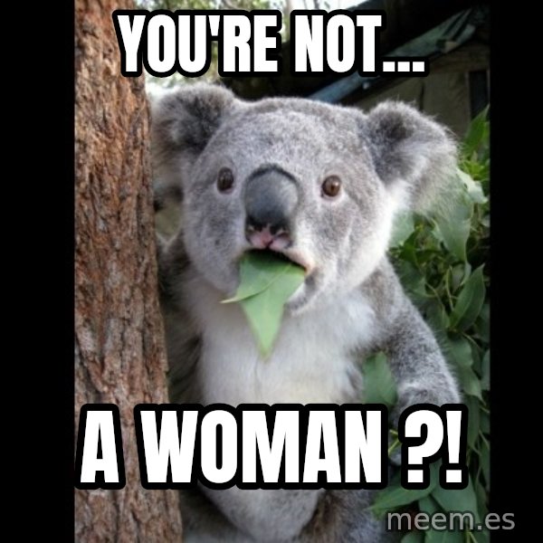 Koala can't believe it meme: You're not... / a woman ?!
