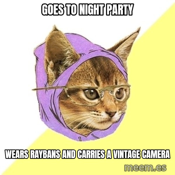 Hipster Kitty meme: goes to night party / wears raybans and carries a vintage camera