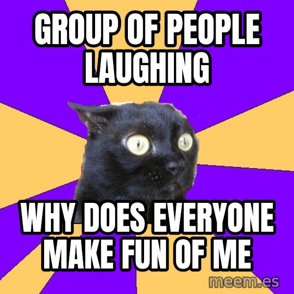 Anxiety Cat meme: Group of people laughing / Why does everyone make fun of me