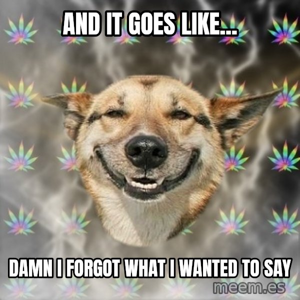 Stoner Dog meme: and it goes like... / damn I forgot what i wanted to say
