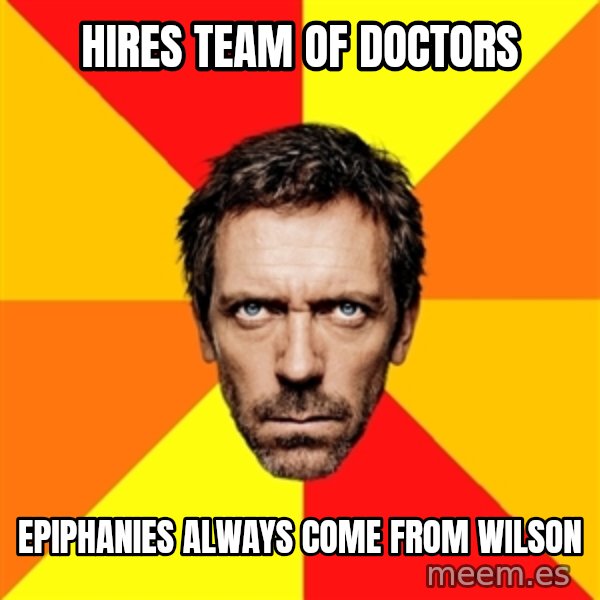 Diagnostic House meme: hires team of doctors / epiphanies always come from wilson