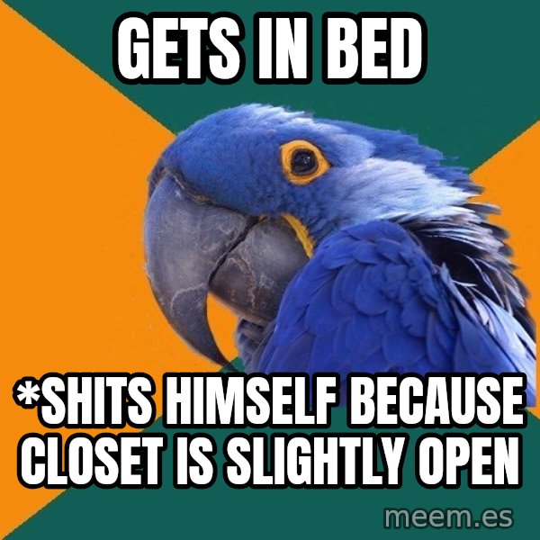 Paranoid Parrot meme: Gets in bed / *Shits himself because closet is SLIGHTLY open