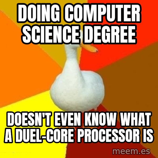 Technologically Impaired Duck meme: Doing computer science degree / doesn't even know what a duel-core processor is
