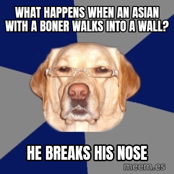 Racist Dog meme: What happens when an asian with a boner walks into a wall? / He breaks his nose