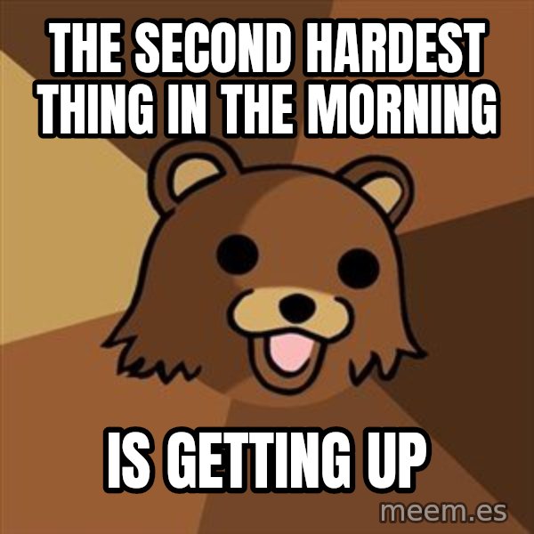 Pedobear meme: The second hardest thing in the morning / is getting up