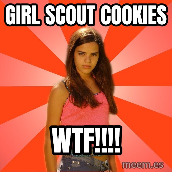 Jealous Girl meme: girl scout cookies / wtf!!!!