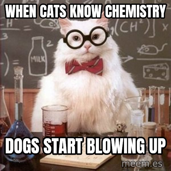 Chemistry Cat meme: when cats know chemistry / dogs start blowing up
