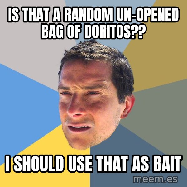 Bear Grylls meme: is that a random un-opened bag of doritos?? / i should use that as bait