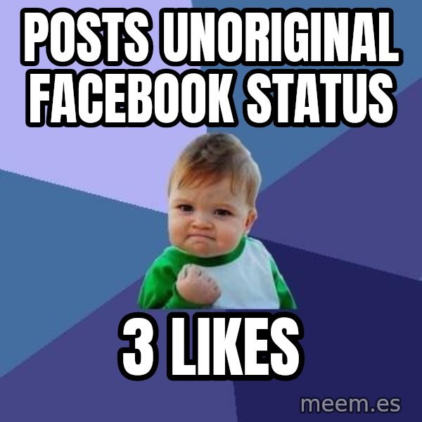 Success Kid meme: Posts unoriginal Facebook status / 3 likes