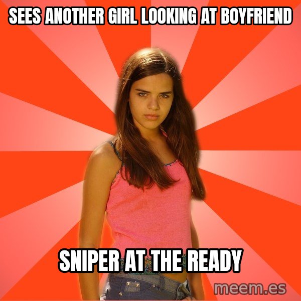 Jealous Girl meme: SEES another girl looking at boyfriend / sniper at the ready