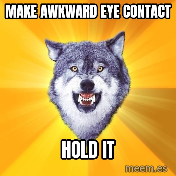 Courage Wolf meme: Make awkward eye contact / Hold it