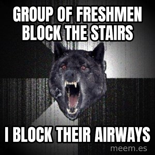 Insanity Wolf meme: Group of freshmen block the stairs / I block their airways