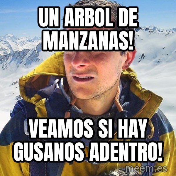 Bear Grylls meme: un arbol de manzanas! / veamos si hay gusanos adentro!