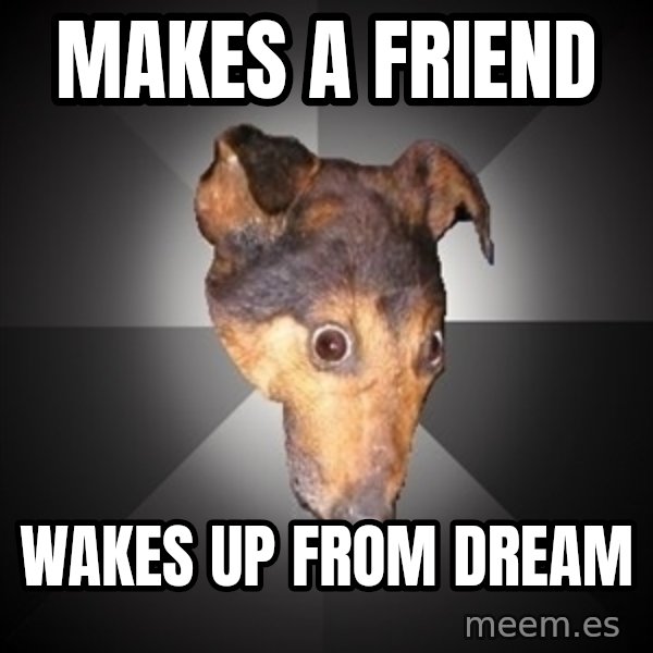 Depression Dog meme: makes a friend / wakes up from dream