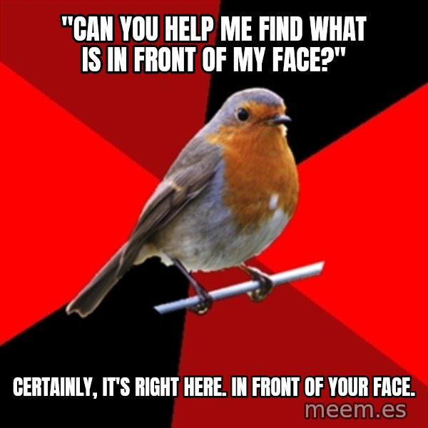 Retail Robin meme: "Can you help me find what is in front of my face?" / Certainly, it's right here. in front of your face.