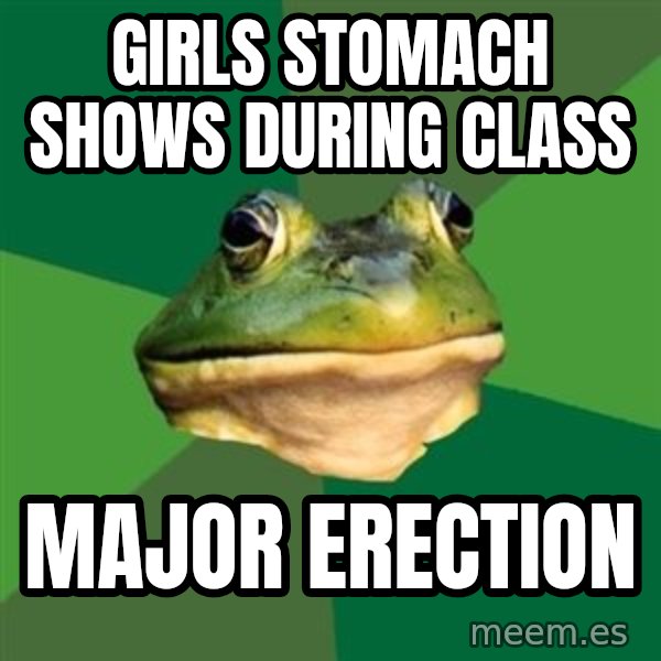 Foul Bachelor Frog meme: girls stomach shows during class / major erection