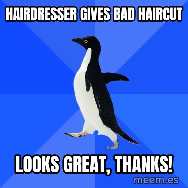 Socially Awkward Penguin meme: Hairdresser gives bad haircut / Looks great, thanks!