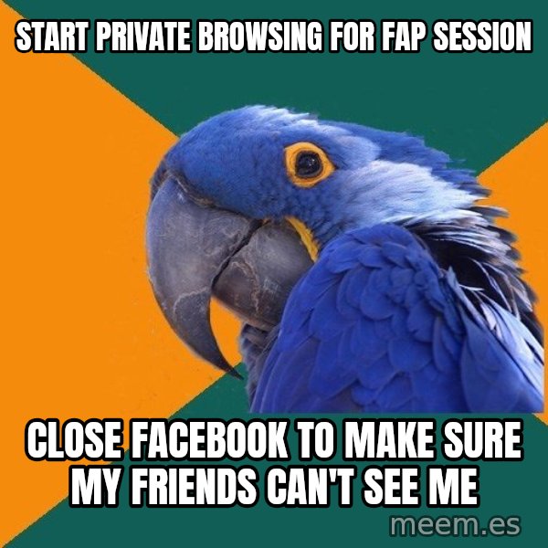 Paranoid Parrot meme: Start private browsing for fap session / close facebook to make sure my friends can't see me