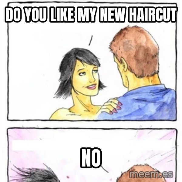 Alpha Boyfriend meme: do you like my new haircut / no