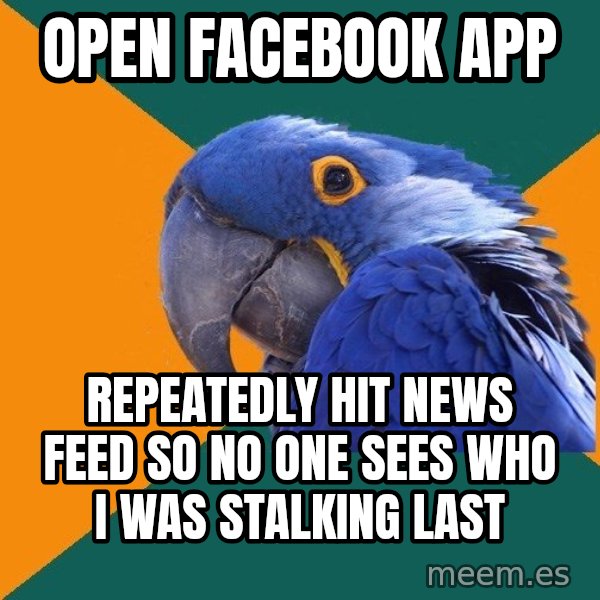 Paranoid Parrot meme: Open facebook app / repeatedly hit news feed so no one sees who i was stalking last