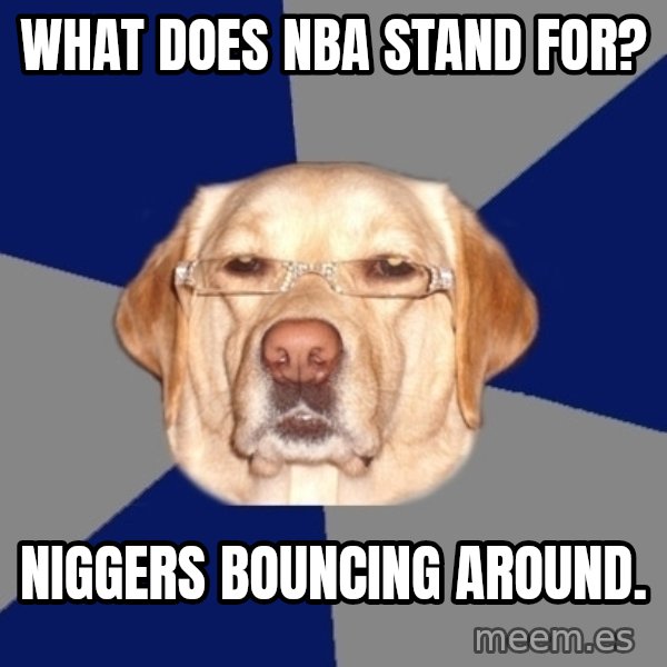 Racist Dog meme: What does nba stand for? / niggers bouncing around.