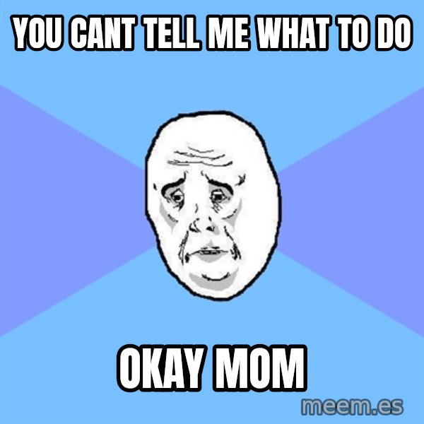 Okay Guy meme: you cant tell me what to do / okay mom