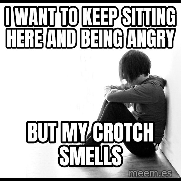 First World Problems meme: i want to keep sitting here and being angry / but my crotch smells