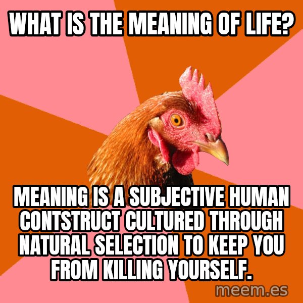 Anti Joke Chicken meme: What is the meaning of life? / meaning is a subjective human contstruct cultured through natural selection to keep you from killing yourself.