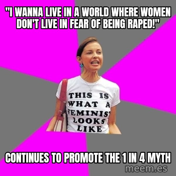 Feminist Cunt meme: "i wanna live in a world where women don't live in fear of being raped!" / continues to promote the 1 in 4 myth