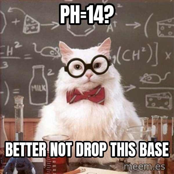 Science Cat meme: ph=14? / better not drop this base