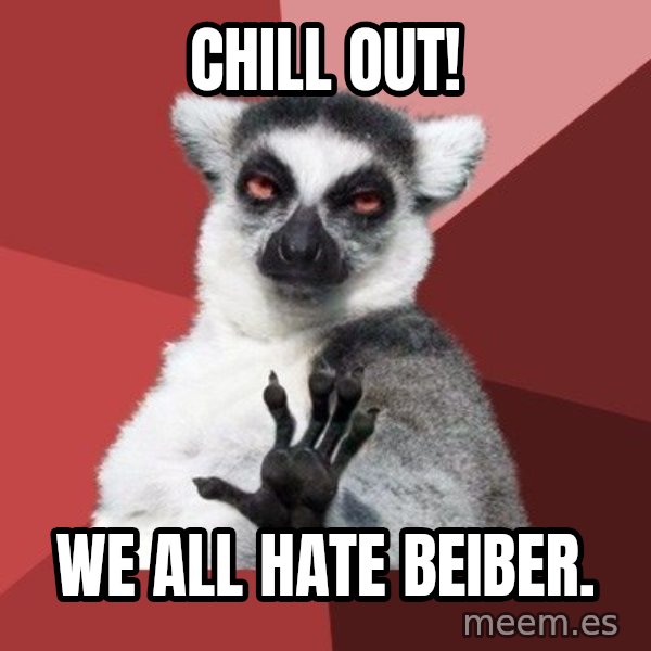 Chill Out Lemur meme: Chill out! / We all hate beiber.
