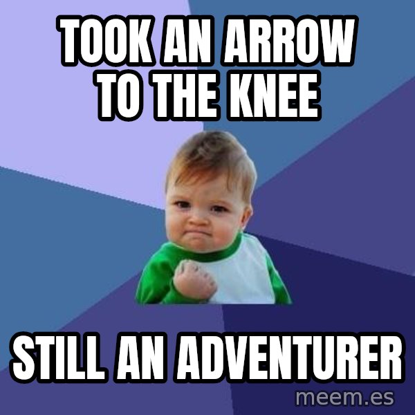Success Kid meme: Took an arrow to the knee / still an adventurer