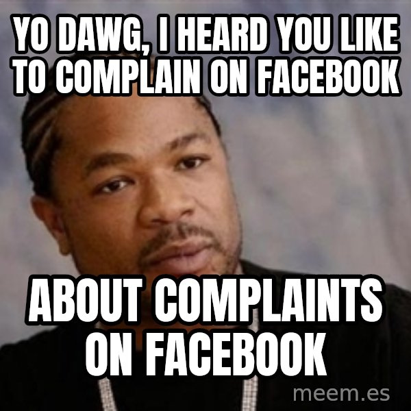 Yo Dawg meme: yo dawg, i heard you like to complain on facebook / about complaints on facebook