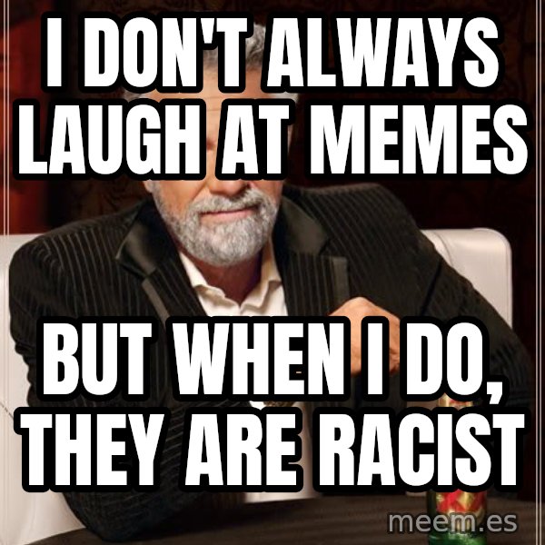 The Most Interesting Man In The World meme: I DON't ALWAYS LAUGH AT MEMES / BUT WHEN I DO, THEY ARE RACIST