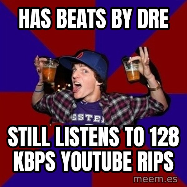 Sunny Student meme: has beats by dre / still listens to 128 kbps youtube rips