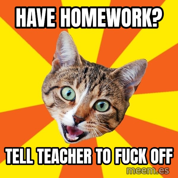 Bad Advice Cat meme: Have homework? / Tell teacher to fuck off