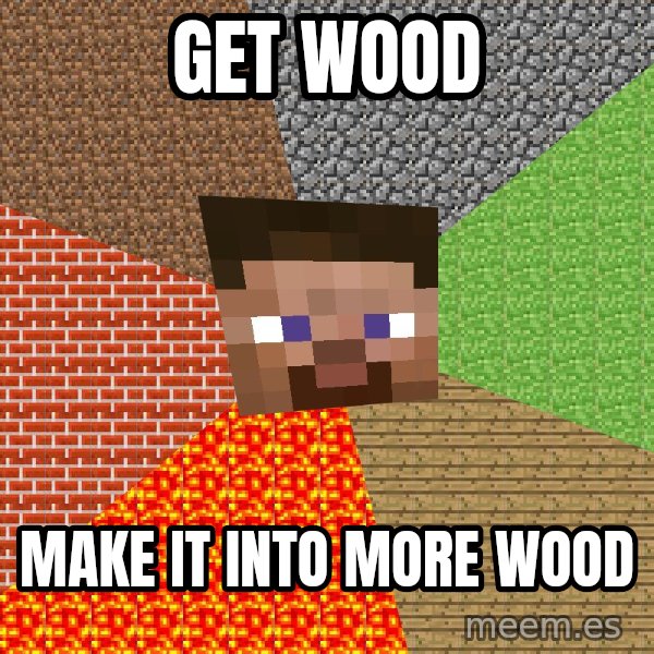 Minecraft Guy meme: GET WOOD / MAKE IT INTO MORE WOOD