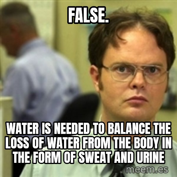 Dwight Schrute meme: FALSE. / wATER IS NEEDED TO BALANCE THE LOSS OF WATER FROM THE BODY IN THE FORM OF SWEAT AND URINE