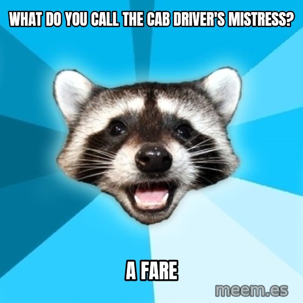 Lame Pun Coon meme: WHAT DO YOU CALL THE CAB DRIVER'S MISTRESS? / A FARE