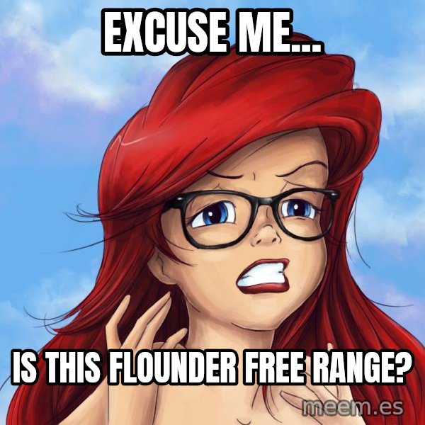 Hipster Ariel meme: Excuse me... / IS this Flounder Free range?