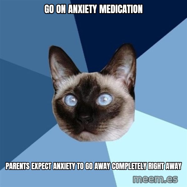 Chronic Illness Cat meme: Go on anxiety medication / Parents expect anxiety to go away completely right away