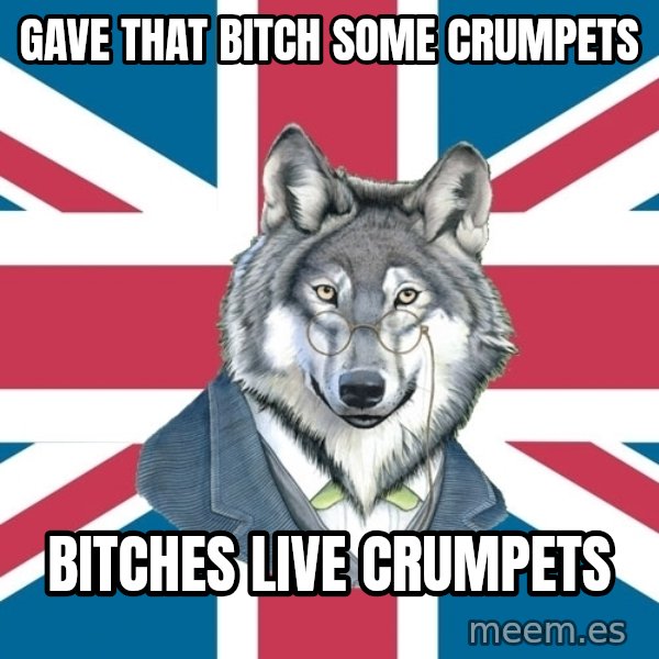 Sir Courage Wolf Esquire meme: Gave that bitch some crumpets / bitches live crumpets