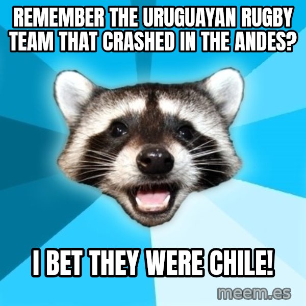 Lame Pun Coon meme: remember the uruguayan rugby team that crashed in the andes? / I bet they were chile!