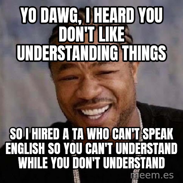 Yo Dawg meme: Yo dawg, I heard you Don't like understanDing things / So I hired a TA who can't speak English so you can't understand while you don't understand
