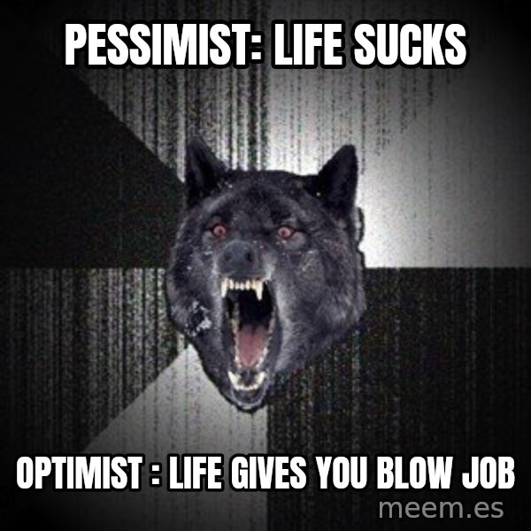 Insanity Wolf meme: Pessimist: Life sucks / optimist : life gives you blow job