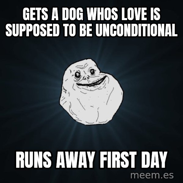 Forever Alone meme: Gets a dog whos love is supposed to be unconditional / Runs away first day